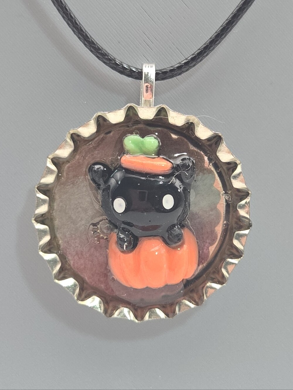 Handmade Black Cat on Pumpkin Bottle Cap Necklace